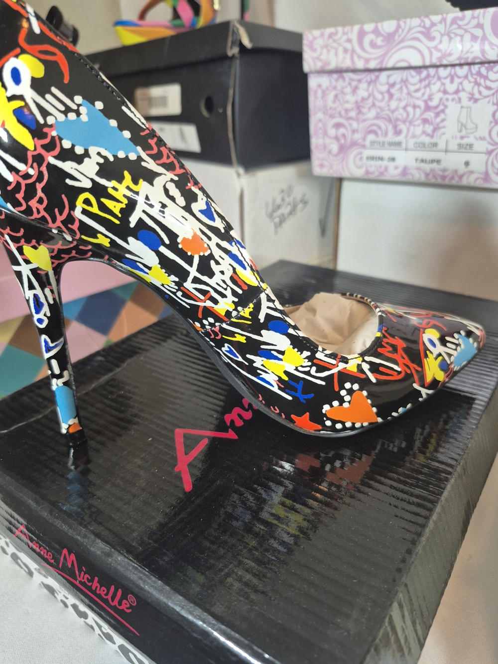 Anne Michelle Black Patent Graffiti Pointed Stiletto Heel